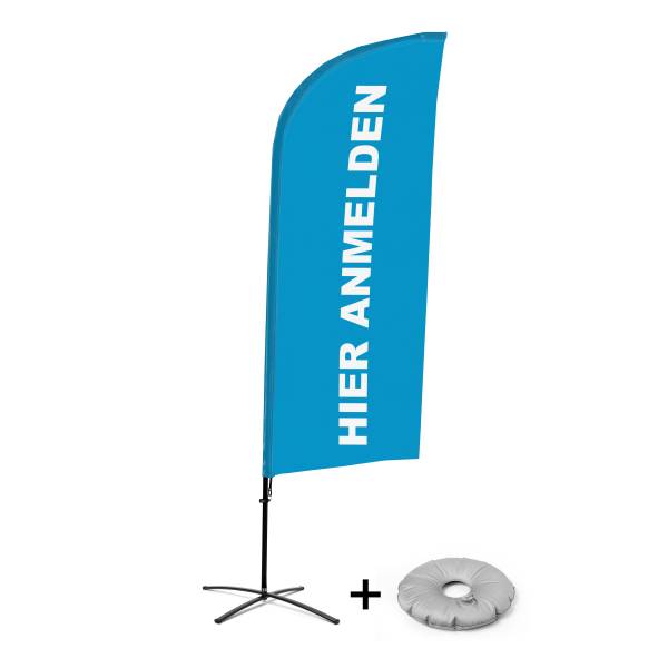 Beachflag Alu Wind Komplett-Set Hier Anmelden Blau Deutsch Kreuzständer