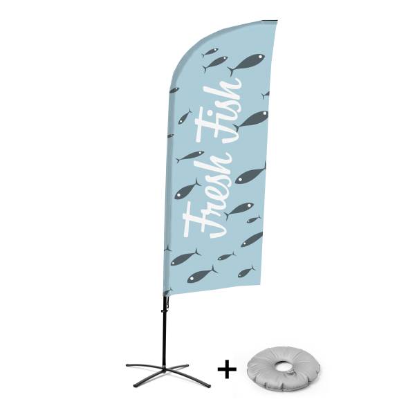 Beachflag Alu Wind Komplett-Set Frischer Fisch Englisch Kreuzständer